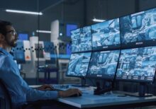Industry 4.0 Modern Factory: Security Operator Controls Proper Functioning of Workshop Production Line, Uses Computer with Screens Showing Surveillance Camera Feed. High-Tech Security